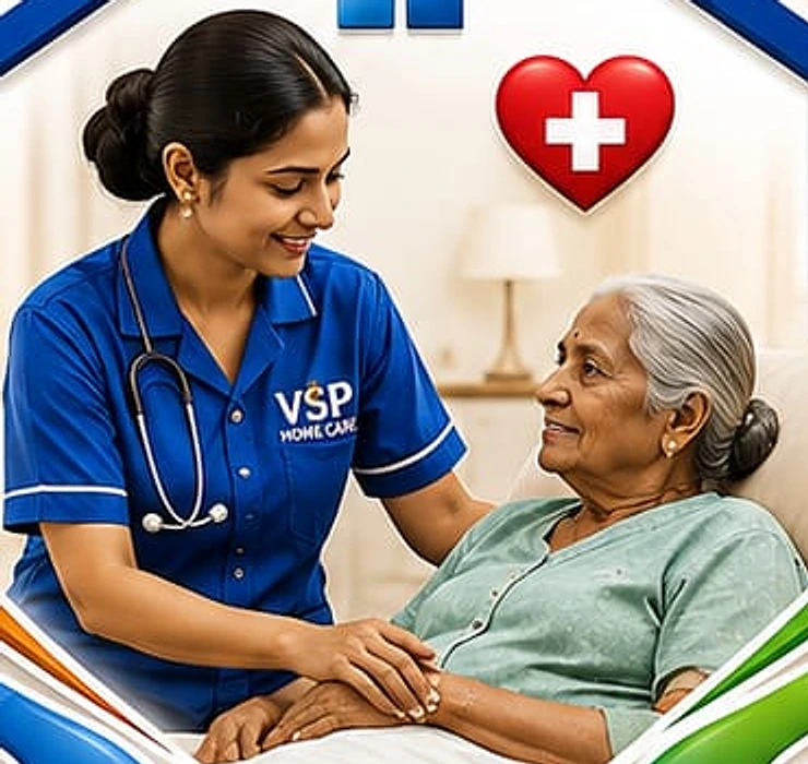 A VSP nurse in a blue uniform gently holding an older woman’s hands at home.